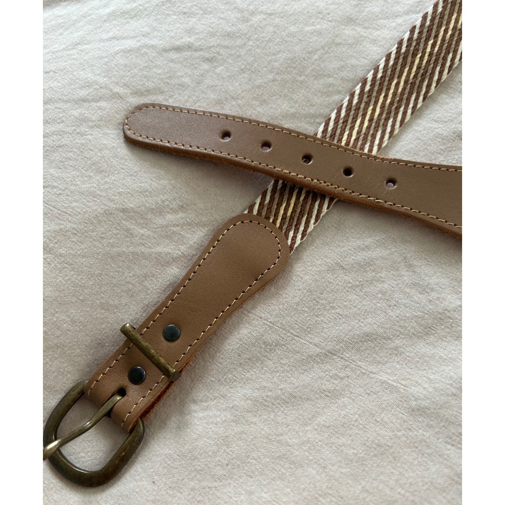 Vintage Brown Tan Striped Woven Belt Genuine Leather Trim Brass Buckle Size 36
